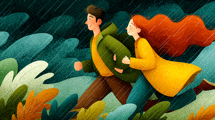 JPG 커플 옷 여자 남자 컬러 일러스트 자연 함께함 사랑 웃음 풍경 달리기 머리카락 도전 비 숲 즐거움 장면 국내일러스트 자연요소 감정 컨셉 관계 모션 날씨 표정 사람 머리 생태계 파일형식