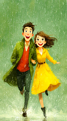 JPG 커플 행복 감정 백그라운드 일러스트 모션 자연 수채화 표정 사랑 웃음 달리기 비 빗방울 즐거움 그림 국내일러스트 자연요소 관계 날씨 비_날씨 생태계 파일형식