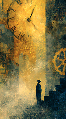 JPG 남자 감정 예술 상징 시계 백그라운드 일러스트 라이프 계단 어둠 공간 탐험 시간 분위기 추억 그림 기어 발견 몽환 국내일러스트 컨셉 사람 생활 파일형식