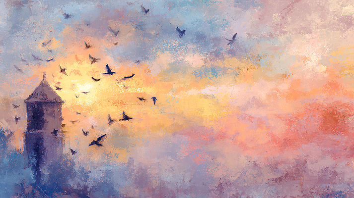 JPG 감정 컬러 이동 일러스트 자연 조류 하늘 풍경 빛 태양 일출 고요 새벽 비둘기 새떼 뷰티풀 수평선 국내일러스트 자연요소 동물 컨셉 노을 생태계 파일형식