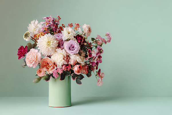 JPG 편집이미지 꽃잎 꽃 꽃다발 자연 장식 인테리어 꽃병 화려 편안함 허브 원예 조화 민트색 생동감 편집실사 AI포토 AI콘텐츠 식물 디자인 컬러 컨셉 취미 감각 CG 생태계 파일형식