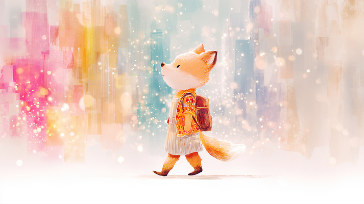 JPG 동물 캐릭터 컬러 백그라운드 가방 일러스트 모션 자연 거리 소풍 걷기 귀여움 도전 편안함 그림 여우 스타일 국내일러스트 AI일러스트 AI콘텐츠 잡화 컨셉 포유류 야외활동 감각 생태계 파일형식