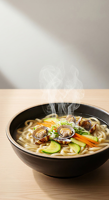 JPG 모양 편집이미지 한식 음식 채소 탁자 따뜻함 요리 식사 맛 저녁 김 국수 국물 칼국수 바지락 편집실사 AI컴퓨터그래픽 AI콘텐츠 가구 컨셉 조개 면류 해조류 야간 CG 파일형식