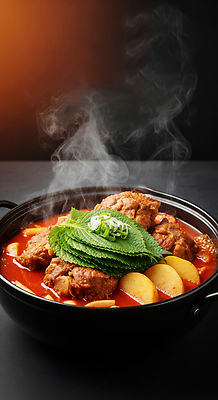 JPG 편집이미지 한식 음식 채소 따뜻함 요리 식사 맛 냄비 수증기 국물 감자탕 집밥 편집실사 AI컴퓨터그래픽 AI콘텐츠 컨셉 솥 CG 파일형식
