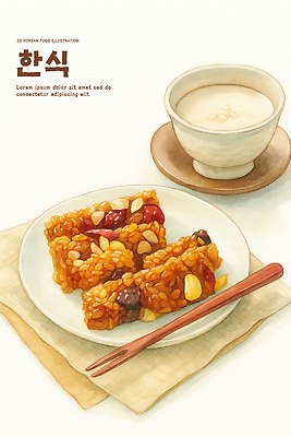 PSD 전통 접시 디자인 음료 한식 일러스트 식탁 디저트 떡 한국 요리 과자 식사 전통음식 견과류 맛 약밥 찹쌀 국내일러스트 식기 아시아 음식 컨셉 탁자 밥 쌀 파일형식