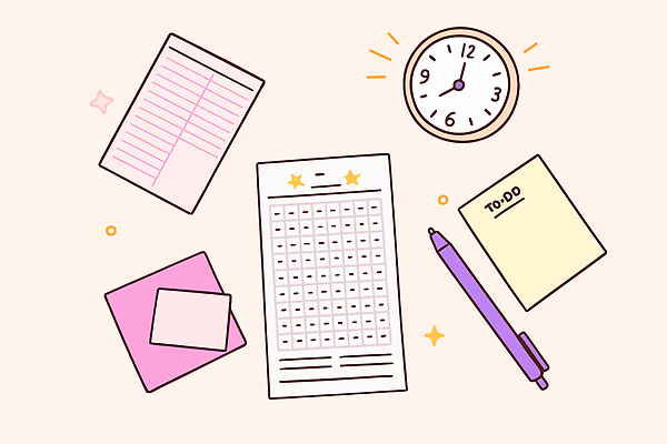 시계 일러스트 새해 필기구 사무용품 공책 메모지 업무 결과 계획 집중 정리 시간관리 목표설정 체크리스트 국내일러스트 AI파일 컨셉 문구용품 작업 파일형식 벡터