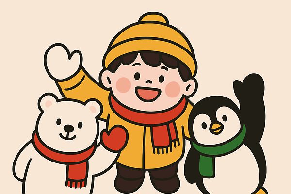동물 캐릭터 행복 어린이 컬러 겨울 일러스트 곰 따뜻함 사랑 웃음 친구 야외활동 목도리 아기 즐거움 펭귄 국내일러스트 AI파일 잡화 계절 감정 포유류 관계 조류 표정 사람 파일형식 벡터