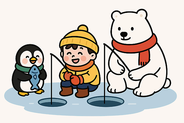 동물 어린이 바다 겨울 일러스트 곰 모션 자연 낚시 따뜻함 어류 웃음 친구 햇빛 얼음 차가움 즐거움 펭귄 색감 국내일러스트 AI파일 자연요소 계절 감정 포유류 관계 조류 레저 표정 사람 태양 수중동물 생태계 파일형식 벡터