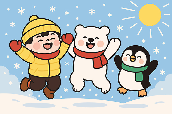 동물 행복 어린이 겨울 일러스트 가족 놀이 표정 미소 일상 친구 귀여움 즐거움 펭귄 북극곰 장면 동심 국내일러스트 AI파일 계절 감정 컨셉 곰 관계 조류 사람 라이프 파일형식 벡터