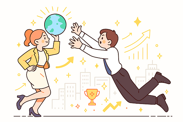 여자 남자 행복 지구 상징 일러스트 비즈니스 성공 동화 협력 꿈 도전 도시 발전 목표 노력 국내일러스트 AI파일 감정 컨셉 사람 파일형식 벡터