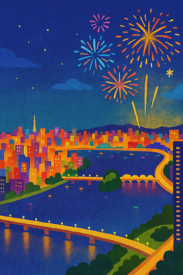 JPG 컬러 야경 일러스트 하늘 조명 불꽃놀이 풍경 이벤트 여러명 여름 관광지 빛 강 축제 도시 체험 화려 개화 분위기 카운트다운 국내일러스트 계절 꽃 여행 다수 컨셉 놀이 사람 야간 파일형식 풍경_경치