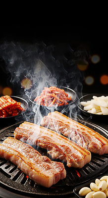 JPG 편집이미지 한식 밥 반찬 양파 김치 마늘 육류 요리 맛 저녁 구이 삼겹살 철판 불판 편집실사 음식 컨셉 채소 식재료 돼지고기 야간 CG 파일형식