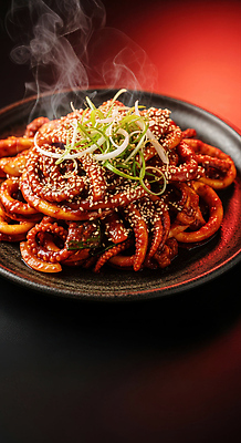 JPG 편집이미지 한식 요리 식사 양념 맛 저녁 해산물 오징어 볶음 깨 파 오징어볶음 편집실사 음식 컨셉 채소 식재료 연체동물 수중동물 조미료 야간 CG 파일형식