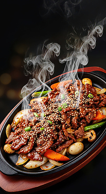 JPG 편집이미지 한식 음식 채소 불 요리 식당 식사 맛 수증기 철판 고기요리 건강식 제육볶음 불맛 편집실사 자연요소 컨셉 상점 CG 파일형식