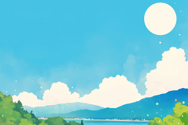 JPG 나무 호수 여유 여행 일러스트 자연 하늘 날씨 산 풍경 일상 여름 태양 평화 환경 맑음 지평선 뷰티풀 국내일러스트 AI일러스트 AI콘텐츠 자연요소 식물 계절 감정 컨셉 라이프 생태계 파일형식