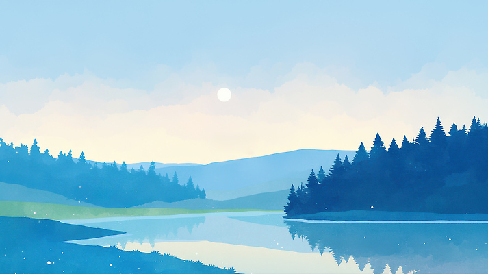 JPG 나무 호수 일러스트 자연 하늘 바람 산 풍경 물 파란색 햇빛 반사 평화 환경 소리 새벽 숲 조용 뷰티풀 차분 국내일러스트 AI일러스트 AI콘텐츠 자연요소 식물 컬러 컨셉 날씨 태양 생태계 파일형식