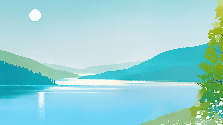 JPG 나무 호수 여행 일러스트 자연 하늘 산 풍경 초록색 물 여름 파란색 햇빛 평화 일출 환경 고요 일몰 조화 뷰티풀 국내일러스트 AI일러스트 AI콘텐츠 자연요소 식물 계절 컬러 컨셉 태양 노을 생태계 파일형식