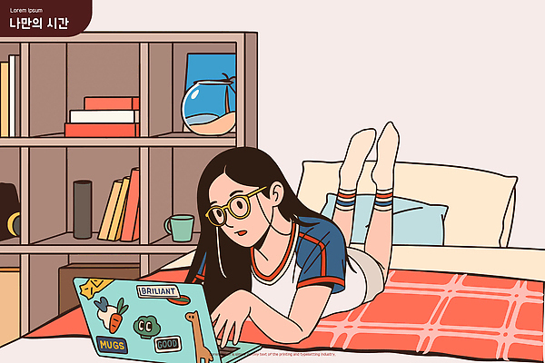 학생 라이프스타일 여자 일러스트 휴식 선반 어류 소녀 취미 책 노트북 학습 인테리어 방 침대 작업 포근함 편안함 어항 주말 국내일러스트 AI파일 디자인 교육 어린이 가구 컨셉 사람 생활 전자제품 수중동물 감각 파일형식 벡터