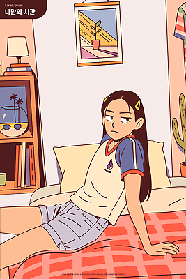 식물 캐릭터 옷 예술 일러스트 창문 청소년 휴식 책장 소녀 일상 생활 여름 햇빛 방 침대 분위기 편안함 그림 드로잉 국내일러스트 AI파일 계절 여자 어린이 가구 컨셉 미술 사람 라이프 태양 감각 파일형식 벡터