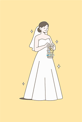 디자인 드레스 옷 여자 행복 신부 결혼 일러스트 결혼식 요정 사랑 미소 이벤트 장식 노란색 축하 새장 소원 순간 스타일 국내일러스트 AI파일 감정 컬러 컨셉 표정 사람 케이지 파일형식 벡터