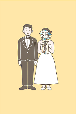 커플 기념일 행복 신부 꽃다발 웨딩드레스 포즈 신랑 결혼 백그라운드 패턴 일러스트 결혼식 사랑 사람 정장 이벤트 노란색 축하 쌍 연애 국내일러스트 AI파일 드레스 옷 꽃 감정 컬러 컨셉 무늬 관계 파일형식 벡터