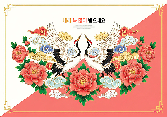 JPG 전통 디자인 꽃 종이 예술 컬러 일러스트 새해 한국 장식 학 연하장 벽화 창의력 국내일러스트 식물 아시아 조류 카드_감사 그림 파일형식