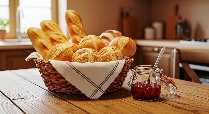 JPG 편집이미지 음식 빵 주방용품 아침 주택 따뜻함 요리 풍경 햇빛 바구니 주방 아침식사 잼 편집실사 AI포토 AI콘텐츠 주간 생활용품 건물 태양 식사 소스_음식 CG 파일형식