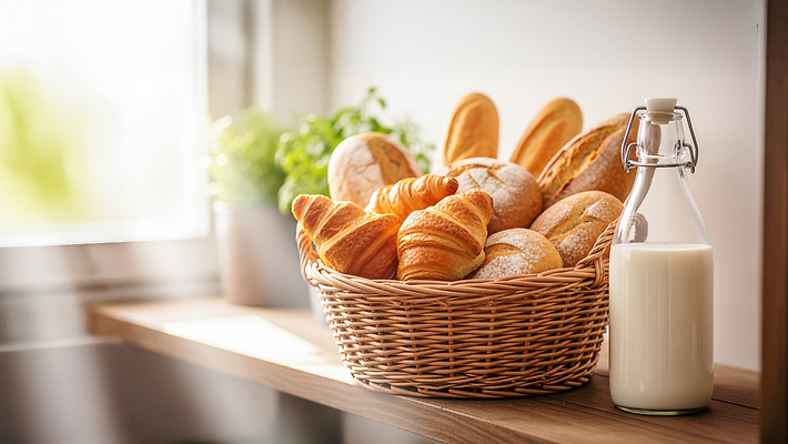 JPG 편집이미지 음식 빵 탁자 아침 따뜻함 햇빛 바구니 식사 빵집 우유 아침식사 창가 건강식 편집실사 AI포토 AI콘텐츠 주간 가구 창문 유제품 태양 상점 CG 파일형식