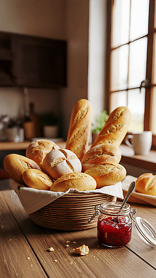 JPG 편집이미지 음식 빵 탁자 아침 바구니 주방 식사 아침식사 건강식 딸기잼 먹거리 브레드 홈카페 편집실사 AI포토 AI콘텐츠 주간 가구 카페 잼 CG 파일형식