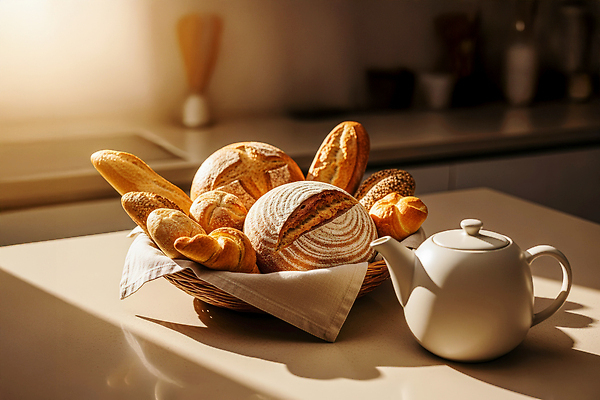 JPG 편집이미지 음식 빵 주전자 아침 따뜻함 햇빛 바구니 주방 카페 아침식사 오브젝트 제빵 레시피 브레드 홈카페 편집실사 AI포토 AI콘텐츠 주간 주방용품 태양 제과제빵 상점 식사 CG 파일형식