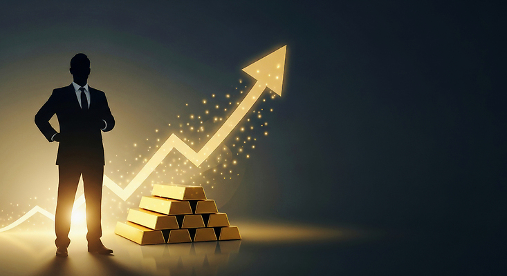 JPG 편집이미지 남자 비즈니스 성공 그래프 정장 금융 경제 성장 부 재산 황금 목표 기회 투자 상승 금괴 이미지편집 AI컴퓨터그래픽 AI콘텐츠 옷 컨셉 사람 파일형식