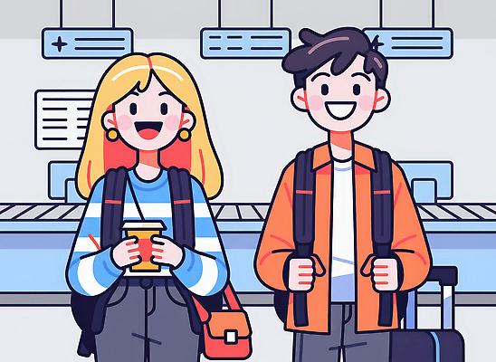 JPG 커플 음료 여행 백그라운드 가방 일러스트 대화 미소 여러명 친구 짐 대기 공항 즐거움 출발 시스템 활기 여행준비 탑승수속 스타일 국내일러스트 잡화 감정 다수 컨셉 관계 교통시설 표정 말하기 사람 준비 파일형식