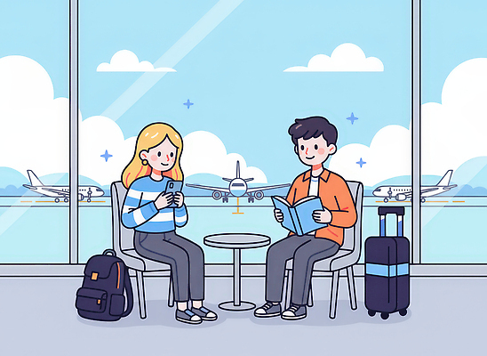 JPG 여행 백그라운드 의자 일러스트 창문 탁자 비행기 대화 앉기 책 여름 친구 스마트폰 만남 짐 공항 준비 대기실 수하물 여행준비 국내일러스트 계절 가구 컨셉 관계 항공교통 교통시설 모션 대중교통 말하기 핸드폰 스마트기기 공간 파일형식