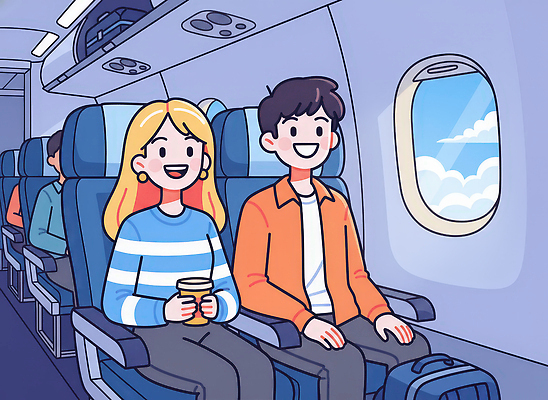 JPG 커플 행복 여행 의자 일러스트 창문 하늘 비행기 이야기 공중 친구 탐험 비행 공항 승차 즐거움 외출 발견 비행기내부 국내일러스트 감정 가구 관계 항공교통 교통시설 모션 대중교통 내부 파일형식