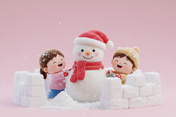 JPG 편집이미지 행복 어린이 크리스마스 겨울 산타모자 눈사람 놀이 털모자 즐거움 겨울옷 눈장난 이글루 편집3D 모자_잡화 옷 계절 기념일 감정 사람 3D 파일형식