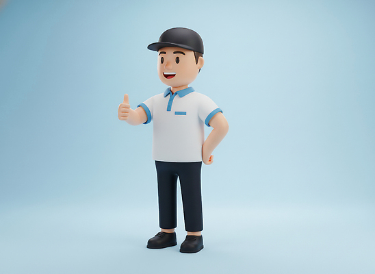 JPG 모델 편집이미지 캐릭터 디자인 산업 백그라운드 유니폼 미소 사람 파란색 귀여움 엄지손가락 표현 택배기사 긍정적 스타일 편집3D AI컴퓨터그래픽 AI콘텐츠 옷 감정 컬러 컨셉 손가락 표정 3D 배달원 파일형식