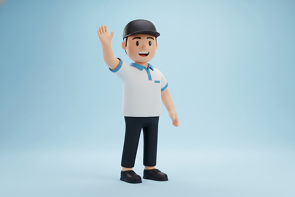 JPG 모델 편집이미지 캐릭터 디자인 인형 표정 캐주얼 장난감 귀여움 인사 택배기사 그림 파란배경 손흔들기 스타일 편집3D AI컴퓨터그래픽 AI콘텐츠 옷 백그라운드 컨셉 모션 파란색 3D 예절 배달원 파일형식