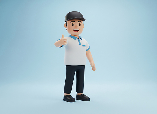 JPG 모델 편집이미지 캐릭터 디자인 상징 포즈 유니폼 웃음 최고 택배기사 파란배경 소통 긍정적 상호작용 편집3D AI컴퓨터그래픽 AI콘텐츠 옷 감정 백그라운드 컨셉 표정 파란색 3D 배달원 파일형식