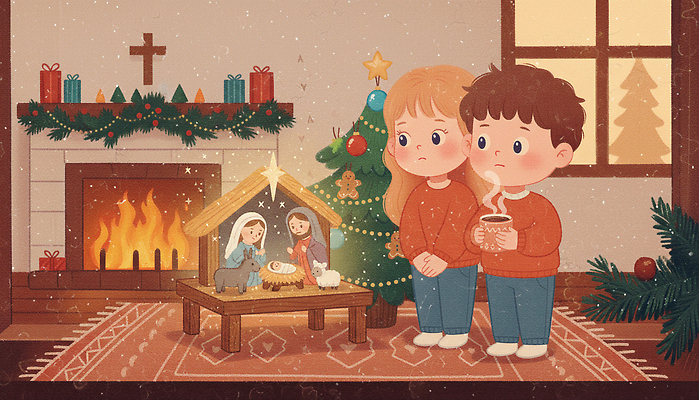 JPG 나무 캐릭터 여자 남자 기독교 어린이 크리스마스 일러스트 가족 기념 따뜻함 사랑 장식 축제 감상 축하 분위기 즐거움 벽난로 아기예수 취향 국내일러스트 식물 기념일 감정 종교 컨셉 관계 사람 예수 파일형식
