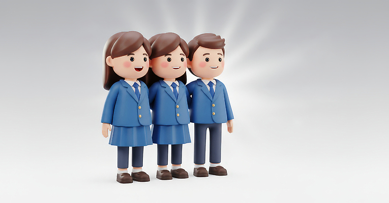 JPG 편집이미지 캐릭터 학생 교육 교복 어린이 학교 모션 청소년 협력 미소 웃음 파란색 친구 그룹 즐거움 편집3D AI컴퓨터그래픽 AI콘텐츠 옷 감정 컬러 관계 표정 사람 3D 파일형식