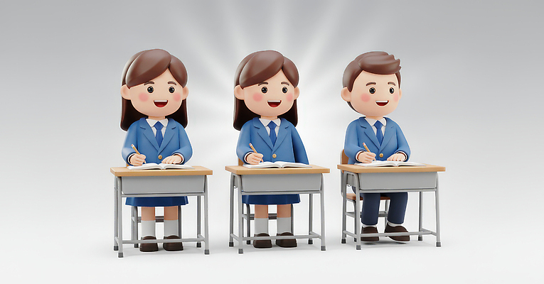 JPG 편집이미지 학생 교육 교복 어린이 교실 청소년 표정 세명 학습 교양 결과 집중 책상 참여 편집3D AI컴퓨터그래픽 AI콘텐츠 옷 가구 컨셉 학교 사람 3D 파일형식
