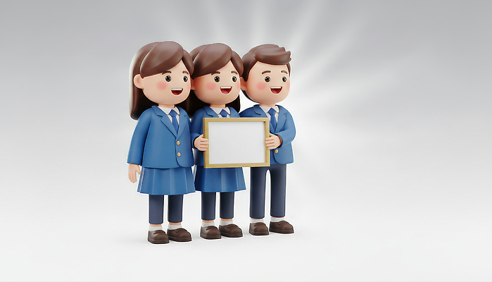 JPG 편집이미지 캐릭터 학생 디자인 교복 어린이 액자 청소년 웃음 정장 파란색 표현 그룹 즐거움 그림 창의성 편집3D AI컴퓨터그래픽 AI콘텐츠 옷 감정 컬러 표정 사람 3D 파일형식