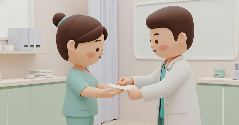 JPG 편집이미지 의학 친절 건강 병원 대화 설명 치료 진료 환자 의사 직원 서비스 상담 문서 방문 편집3D AI컴퓨터그래픽 AI콘텐츠 모션 말하기 3D 의료진 파일형식