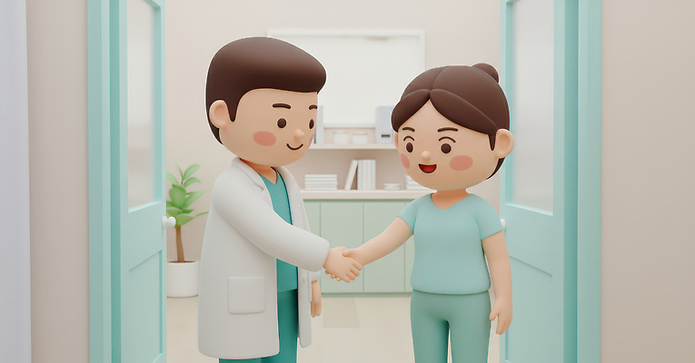 JPG 편집이미지 캐릭터 행복 친절 악수 건강 병원 대화 치료 환자 간호사 의사 인사 상담 민화 진료실 편집3D AI컴퓨터그래픽 AI콘텐츠 감정 의학 말하기 손짓 3D 진료 의료진 예절 그림 파일형식