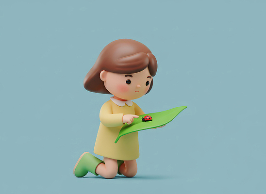 JPG 편집이미지 어린이 인형 컬러 자연 나뭇잎 소녀 귀여움 관찰 호기심 친환경 파란배경 무당벌레 상상력 편집3D 여자 감정 곤충 백그라운드 컨셉 잎 모션 사람 파란색 3D 환경 생태계 파일형식