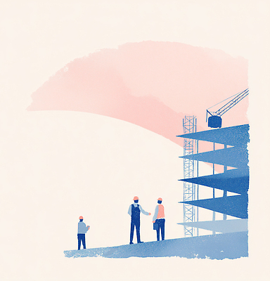 JPG 건축 일러스트 하늘 협력 기술 대화 안전 여러명 빨간색 작업 구조물 계획 안전모 기중기 위기 작업자 프로젝터 국내일러스트 컬러 다수 컨셉 말하기 사람 중장비 헬멧 안전장비 파일형식