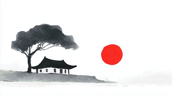 JPG 나무 전통 감정 여유 예술 일러스트 자연 한옥 주택 한국 풍경 태양 평화 일출 고요 저녁 명상 그림 조화 단순화된 국내일러스트 AI일러스트 AI콘텐츠 자연요소 식물 한국전통 아시아 컨셉 고건축 건물 노을 야간 생태계 파일형식