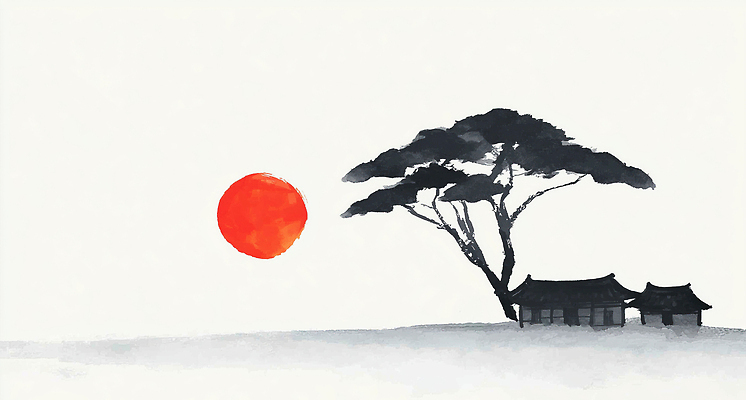 JPG 나무 전통 건축물 전통문화 여유 예술 일러스트 자연 아침 한옥 한국 풍경 태양 평화 일출 고요 그림 심플 한국화 조화 뷰티풀 색감 국내일러스트 AI일러스트 AI콘텐츠 주간 자연요소 식물 한국전통 건축 감정 아시아 문화 컨셉 고건축 노을 동양화 생태계 파일형식