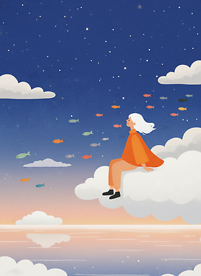 JPG 응시 예술 일러스트 상상 자연 하늘 어류 앉기 풍경 소녀 평화 수영 일몰 감상 꿈 뷰티풀 색감 오후 풍요 환상 국내일러스트 AI일러스트 AI콘텐츠 시선 여자 어린이 컨셉 모션 노을 수중동물 수상스포츠 생태계 파일형식