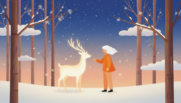 JPG 동물 설경 겨울 일러스트 자연 하늘 따뜻함 사람 풍경 평화 산책 만남 저녁 숲 신비 감성 조화 교감 순록 국내일러스트 AI일러스트 AI콘텐츠 계절 컨셉 휴식 야간 생태계 파일형식